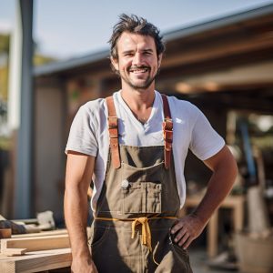 Happy carpenter man in apron. Beautiful illustration picture. Generative AI.